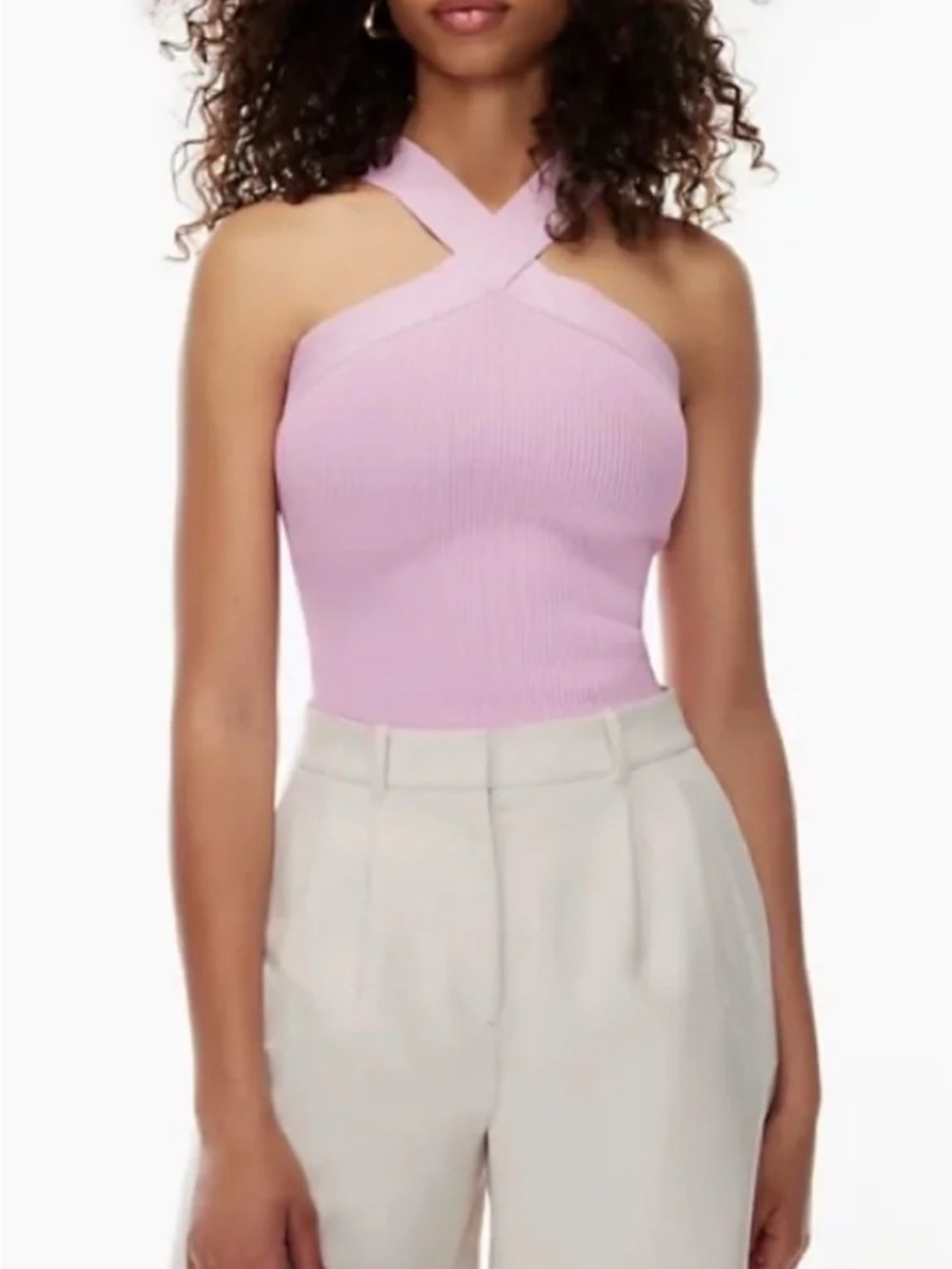 Aritzia Babaton Lilac Ribbed Cross-Strap Crop Top
